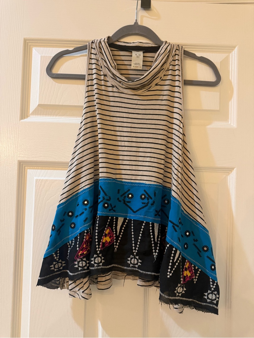 Free People We The Free Striped Tank with Turquoise Band and Embroidered Hem